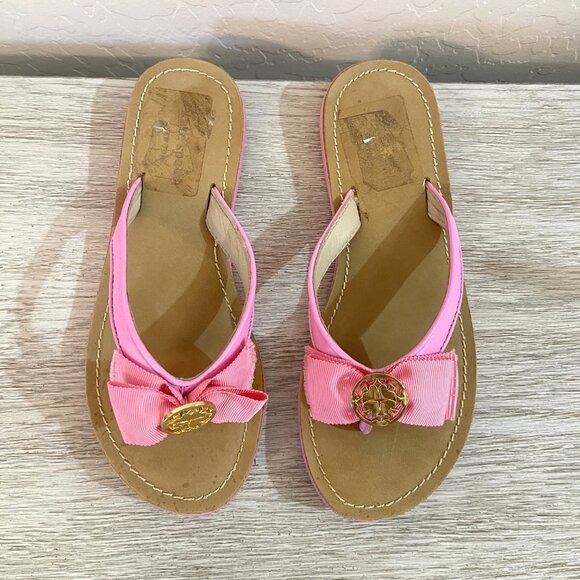 Kate Spade Sandals 6 Ida Pink Ribbon Gold Logo Flip Flops - Picture 4 of 10